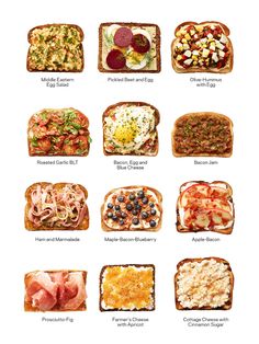 the different types of toasted breads are shown in this diagram, and each has different toppings on them