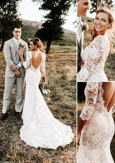 the bride and groom are posing for pictures in their wedding dress, with long sleeves