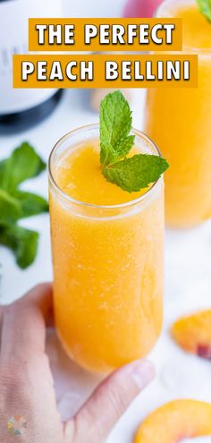 the perfect peach bellini recipe is made with fresh peaches and minty juice