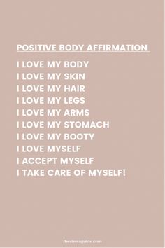 the words positive body affirmation written in white on a beige background with an image of