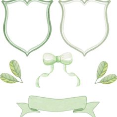 a set of three green shields with bows and leaves on them, each one has a ribbon