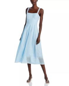 FRENCH CONNECTION - Abana Eyelet Midi Dress - 100% Exclusive Chic Eyelet Midi Dress, Feminine Summer Midi Dress With Eyelet Details, Sleeveless Eyelet Midi Dress, Chic V-neck Eyelet Dress, Feminine Midi-length Eyelet Dress, Eyelet Midi Dress, Eyelet Skirt, Strappy Midi Dress, Midi Ruffle Dress