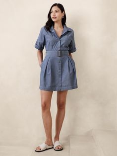 Chambray Mini Shirtdress | Banana Republic Factory Summer Cotton Shirt Dress For Business Casual, Cotton Collared Shirt Dress With Button Cuffs, Collared Cotton Shirt Dress With Button Cuffs, Summer Casual Shirt Dress For Business Casual, Cotton Shirt Dress With Button Cuffs And Collar, Collared Neckline Shirt Dress For Work, Casual Button-up Shirt Dress For Work, Fitted Shirt Dress With Placket For Work, Casual Shirt Dress For Business Casual In Summer