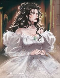 a drawing of a woman in a white dress with long black hair and wearing a tiara