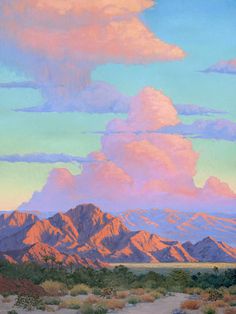 an oil painting of mountains and clouds in the sky with pink hues on them