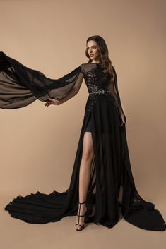 Exquisite Black Gothic Dresses with Sheer Beaded Bodice and Cape - Elegant High-Slit Evening Gown Plus Size - WonderlandByLilian Evening Gown Plus Size, Black Gothic Dress, Black Lace Prom Dress, Gothic Dresses, Tulle Party Dress, Formal Evening Wear, Gown Plus Size, Lace Prom Dress, Beaded Bodice