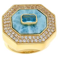 Rarities Freeform and Octagonal-Cut Gemstone Gold-Plated Ring  A geometric silhouette and bold gemstone design make this gold-plated ring a true statement piece. The octagonal-cut Swiss blue topaz set atop your favorite freeform gemstone is sure to catch the eye, while pavé white zircon add showstopping sparkle.       Approx. 7/8"L x 1"W x 5/16"H; shank 1/16"W     Stamped .925 sterling silver; gold plating   Stone Information       All sizes and weights approximate     Color-Enhanced Black Agate Octagon Yellow Gold Jewelry With Gemstone Accents, Modern Octagon Topaz Gemstone Ring, Modern Octagon Topaz Ring, Gold Jewelry With Rectangular Accent Stones, Modern Faceted Ring Jewelry, Luxury Octagon Faceted Ring, Gold Rings With Stones Fine Jewelry, Modern Gold Rings With Stones, Yellow Gold Octagon Faceted Rings