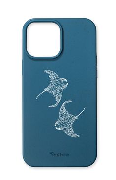 two birds flying in the sky on a blue phone case