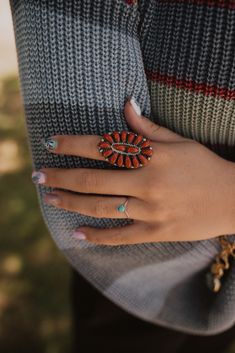 Shop our collection of real gemstone rings, necklaces, earrings and bracelets! From big Indian rings, to stunning bangles, we have it all! Featured here is the Tiff Ring in Coral! 14 small stones around 2 center stones set into sterling silver. Each ring is made up of stunning Coral stones. Ring measures 1.75 inches tall Country Outfit, Cowgirl Quotes, Turquoise Western, Country Jewelry, Cowgirl Jewelry, Coral Stone