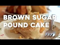 a piece of brown sugar pound cake sitting on top of a white plate next to a fork