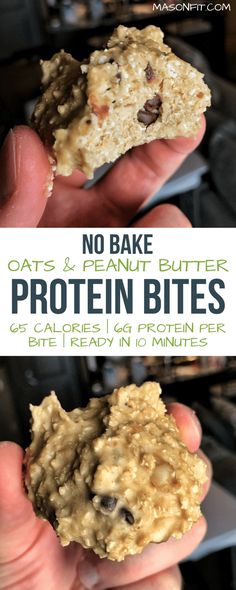 no bake peanut butter protein bites with chocolate chips and oatmeal in the middle