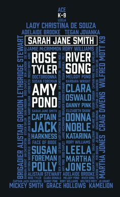 a poster with the names of some people in blue and white letters on black background