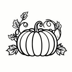 a black and white pumpkin with leaves on the vine, coloring pages for adults to print