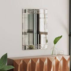 a mirror that is on the side of a wall next to a vase with a plant in it