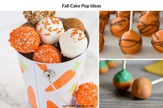 an assortment of orange and white cake pops in a cupcake tin with candy candies