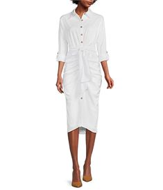 Antonio Melani Roxanne Point Collar Long Sleeve Ruched Tie Waist Button Front Shirt Dress | Dillard's Ruched Button-up Dress For Work, Pleated Shirt Dress For Casual Wear, White Ruched Dress For Work, White Ruched Dress For Office Wear, White Ruched Dresses For Work, Daywear Shirt Dress With Button Closure, Chic Ruched Button-up Dress, Elegant Ruched Shirt Dress For Work, Casual Ruched Midi Dress For Work