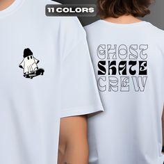 Rep your ghostly skate crew in this hauntingly cool graphic tee! The front features an original print of a rad ghost shredding ramps on its skateboard. The back boldly displays "Ghost Skate Crew" in a stylized, hypebeast-approved font. This high-quality tee comes in 11 wicked colorways and sizes S-5XL so you can rock your supernatural skate style. It's constructed from a soft and durable cotton/poly blend designed for long-lasting comfort and graphic vibrancy wash after wash. Perfect for Hallowe Cheap Skateboarding T-shirt With Graphic Design, Graffiti Print T-shirt For Halloween Streetwear, Hip Hop Halloween T-shirt For Streetwear, White Graffiti Print Tops For Halloween, Graffiti Print T-shirt For Skateboarding, White Short Sleeve Spooky T-shirt, Casual Halloween T-shirt With Logo Print, Hip Hop Crew Neck Top For Skateboarding, Casual White Skateboarding T-shirt