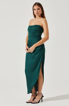 Hallie Strapless Maxi Dress – ASTR The Label Ruched Skirt, Astr The Label, Strapless Maxi, Strapless Maxi Dress, Dress Satin, But Why, Cami Dress, Green Fabric, Satin Finish