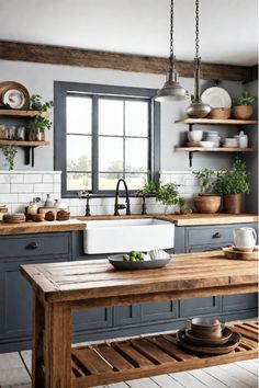 Farmhouse kitchen island with a custom-built wood base and a butcher block countertop Small Farmhouse Kitchen Remodel, Craftsman Farmhouse Kitchen, Organic Modern Farmhouse, Small Modern Farmhouse Kitchens, Farm Kitchen Design, Farmhouse Kitchen Islands, Country Kitchen Ideas Farmhouse Style, Small Farmhouse Kitchen Ideas, Vermont Kitchen