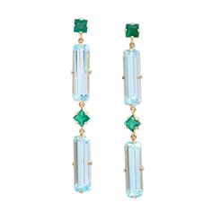 Emerald & Blue Topaz Cascade Earring Blue Emerald Gemstone Earrings, Cascade Design, Extraordinary Jewelry, Emerald Blue, Aquamarine Earrings, Blue Topaz Stone, Blue Topaz Earrings, Needful Things, Rich Green