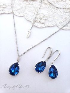 Sapphire Blue Crystal Necklace. Something Blue Bridal | Etsy Something Blue Bridal, Blue Drop Earrings, Blue Crystal Necklace, Blue Crystal Earrings, Bridal Earrings Pearl, Blue Bridal, Bridal Gift, Swarovski Crystal Earrings, Wedding Jewelry Earrings