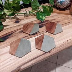 three hexagonal pieces of wood sitting on top of a wooden table next to a potted plant