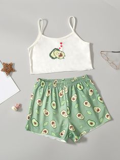 Multicolor Cute Collar Sleeveless  Cartoon,Heart Short Sets Embellished Medium Stretch  Tween Girls Clothing Clothes For 10 Years Old Girl, Cute Summer Pajamas, Cartoon Avocado, Shorts For Girls, Cute Pjs, Cartoon Heart