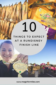 the top ten things to expect at a running finish line with text overlay that reads, 10 things to expect at a running finish line