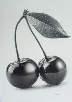 two black cherries with leaves on them