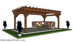 an outdoor living area with couches, tables and pergolated arbors in the background