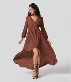 Deep V Neck Long Sleeve Plicated Crossover Hem High Low Flowy Maxi Casual Dress Therapist Outfit, Maxi Casual Dress, Brandy Snifter, Comfortable Maxi Dresses, Bleach Wash, Maxi Dresses Casual, Flowing Maxi Dress, Mini Dress Party, Deep V Neck