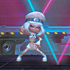 an animated character is dancing on stage with lights behind her and sound equipment in the background