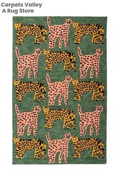 a green rug with pink and yellow cheetah print on it, in the shape of leopards