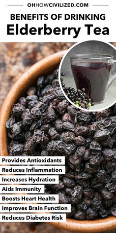 elderberry tea in a wooden bowl with the words benefits of drinking elderberry tea