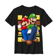 a black shirt with an image of mario and luigi hugging each other in front of a brick wall