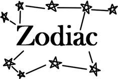 the word zodiac written in black ink on a white background with stars and lines around it