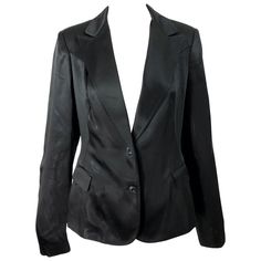 1990s Alessandro Dell'Acqua Size 46 / 10 Black Silk Satin Look Vintage Blazer Single-breasted Satin Outerwear For Business, Chic Single-button Silk Blazer, Single Breasted Satin Outerwear For Business, Silk Single Button Blazer For Workwear, Classic Satin Outerwear For Business, Tailored Silk Blazer For Office, Silk Single-breasted Blazer For Office, Fitted Satin Blazer With Lapel Collar, Silk Single Breasted Blazer For Office