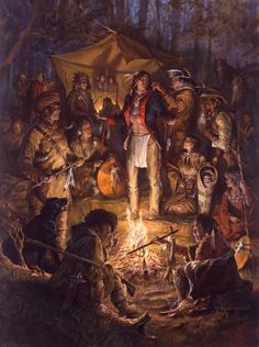 a painting of a man standing in front of a campfire surrounded by other people