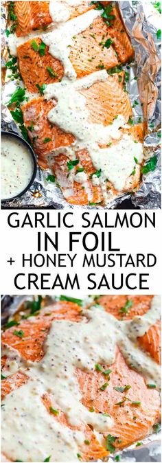 grilled salmon fillets with creamy ranch sauce on foil