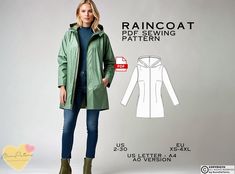 a woman wearing a raincoat and jeans is standing in front of an advertisement for her sewing pattern