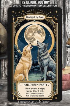 a card with two wolfs on it and the moon in the sky above them