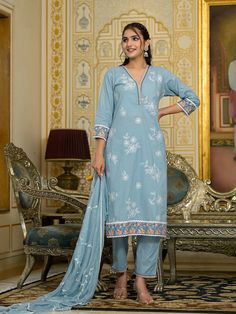 Grab this beautiful 3-piece set. The set comes with ethnic motif printed straight shape kurta has v neck, 3/4th sleeves & calf length teamed with solid trouser pant with side pocket and a dupatta. Color - Lavender Kurta Fabric-Silk Blend Pant Fabric-Silk Blend Dupatta Fabric - Silk Blend Neck-V Neck Sleeves-3/4th Sleeves Work -Ethnic Motif Print Detailing Washing Instructions-Dry Clean DISCLAIMER - The color of the product may be differ due to screen settings of device. A misprint here and a color drop slip there is the beauty of printing which is not treated as a defect. Semi-stitched Cotton Sets For Eid, Elegant Cotton Sets For Festivals, Fitted Mulmul Churidar With Printed Motifs, Diwali Cotton V-neck Sets, Cotton V-neck Sets For Diwali, Spring Bollywood Cambric Sets, Elegant Cotton Sets For Eid, Spring Cambric Churidar With Straight Kurta, Printed Cambric Churidar For Festivals