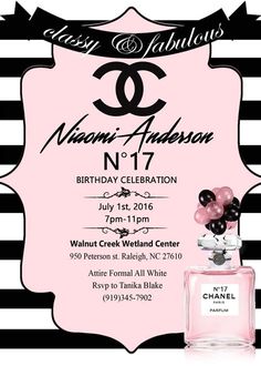 a chanel birthday party with pink and black decorations on the front, white and black stripes