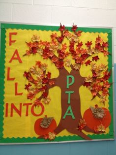 a bulletin board with fall leaves on it and the words fall into latina written in large letters