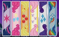 four cross stitch bookmarks with different designs on them, each featuring an image of princesses