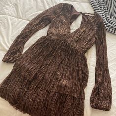 Bought From Francesca’s, Never Worn, Stretchy And True To Size Brown Ruffled Dress For Date Night, Brown Party Dress For Fall, Brown Ruffle Dress For Night Out, Brown Ruffled Dress For Night Out, Godet Dress, Babydoll Style Dress, Green Long Sleeve Dress, Francescas Dresses, Lace Bell Sleeve Dress