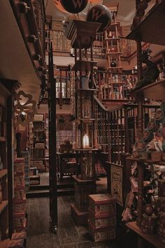 a room filled with lots of books and shelves full of stuff on top of them