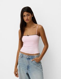 Strappy top with a bow detail. Available in pink, black, camel, off white. Sewn Tops, Tube Top With Straps, Pink Tube Top, Bow Top, Strappy Top, Spaghetti Strap Top, Black Camel, Short Shirts, Sweaters Knitwear