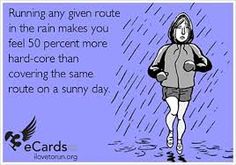 a woman walking in the rain with an umbrella over her head and text reading running any given route in the rain makes you feel 50 percent more hard - core than covering the same