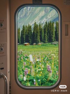 an airplane window with the view of mountains and trees